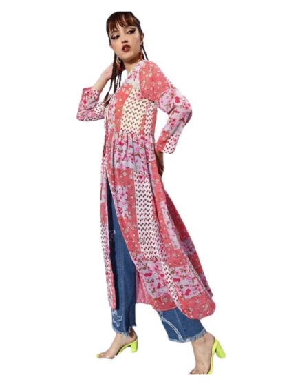 Women's Polyester Floral Long Sleeves Shrug (Pink-Coral)
