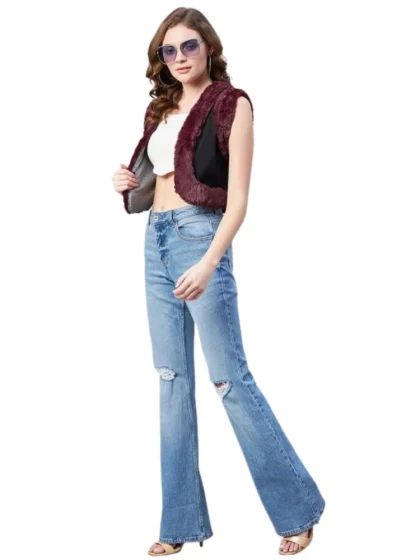 Women's Denim And Fur Solid Sleeveless Shrug (Black - Maroon)