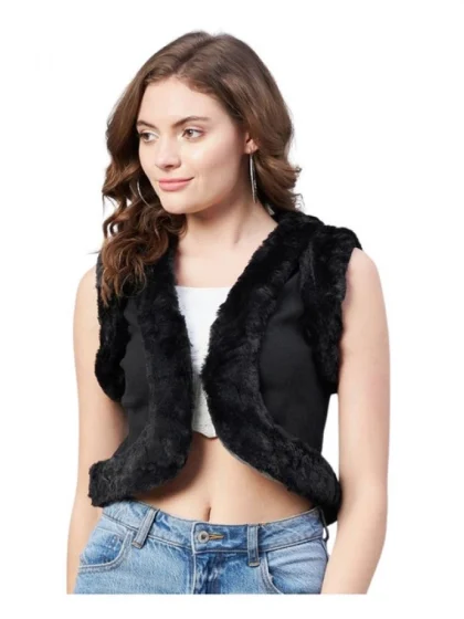 Women's Denim And Fur Solid Sleeveless Shrug (Black)