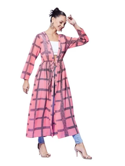 Women's Polyester Check Long Sleeves Shrug (Pink)