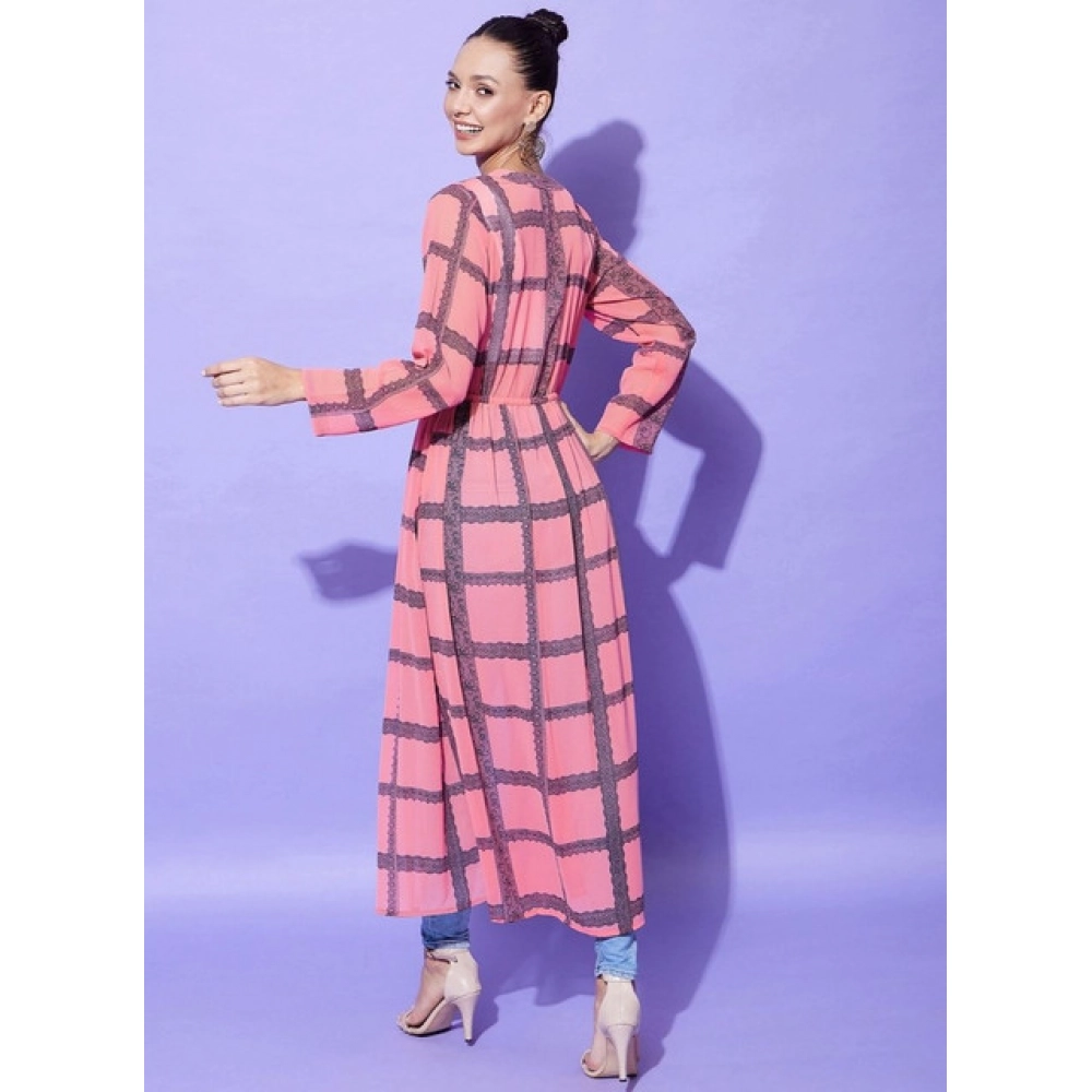Women's Polyester Check Long Sleeves Shrug (Pink) - Image 4