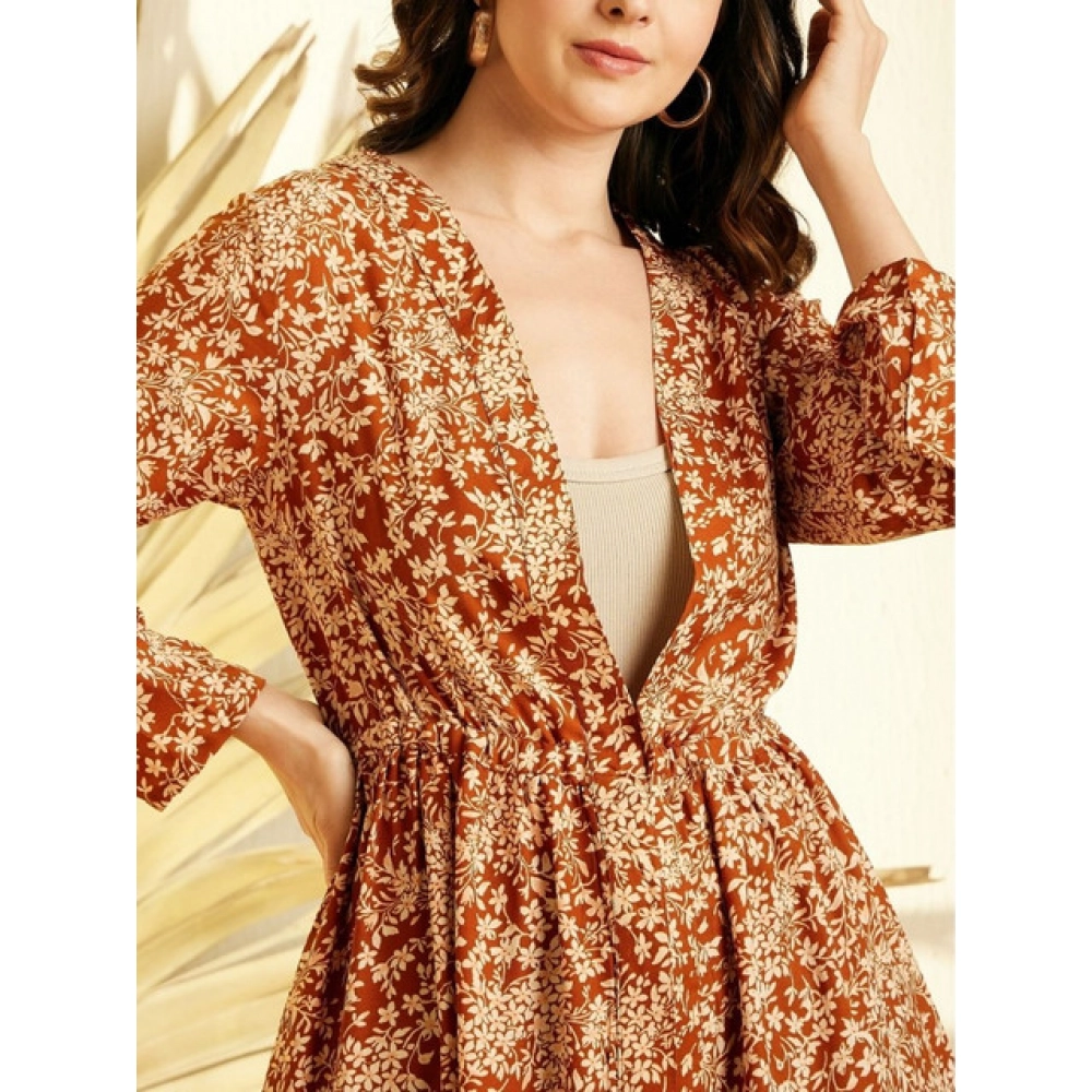 Women's Polyester Floral Long Sleeves Shrug (Brown) - Image 4