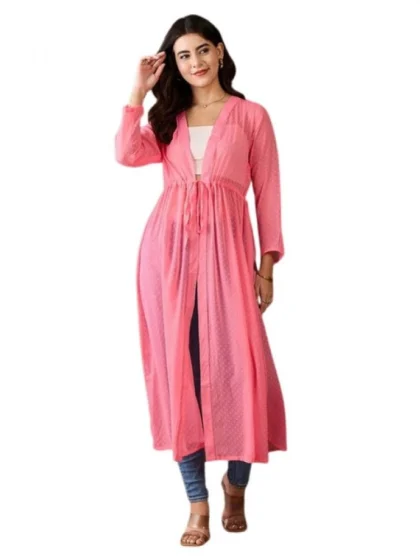 Women's Chiffon Self Design Long Sleeves Shrug (Pink)