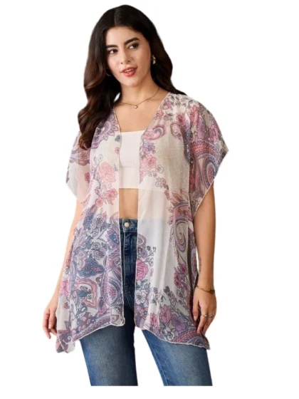 Women's Chiffon Printed Short Sleeves Shrug (White - Purple)