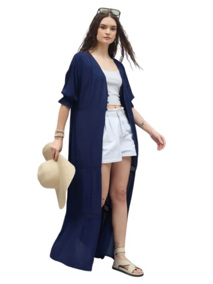 Women's Rayon Crepe Lace Inserts 3-4th Sleeve Shrug (Navy)