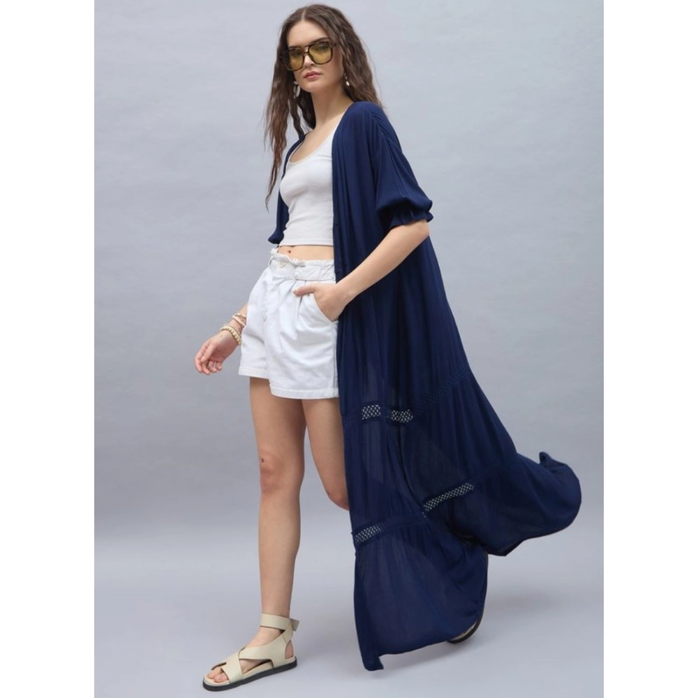 Women's Rayon Crepe Lace Inserts 3-4th Sleeve Shrug (Navy) - Image 2