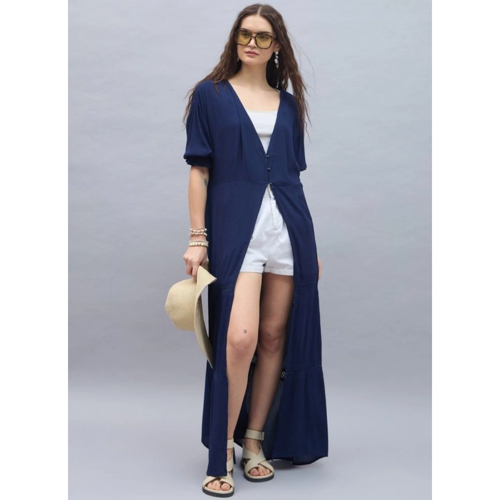 Women's Rayon Crepe Lace Inserts 3-4th Sleeve Shrug (Navy) - Image 4