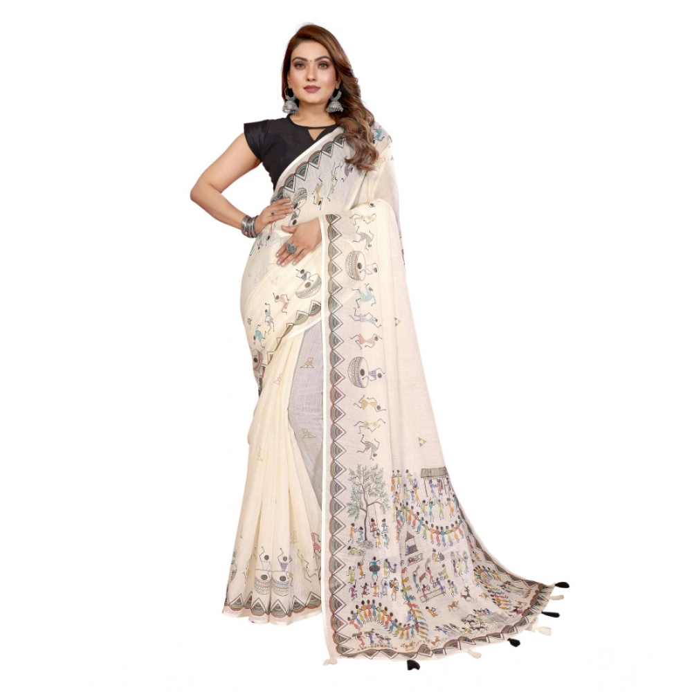 Women's Linen Cotton Printed Saree With Unstitched Blouse 5.5Mtr (Off White) - Image 2