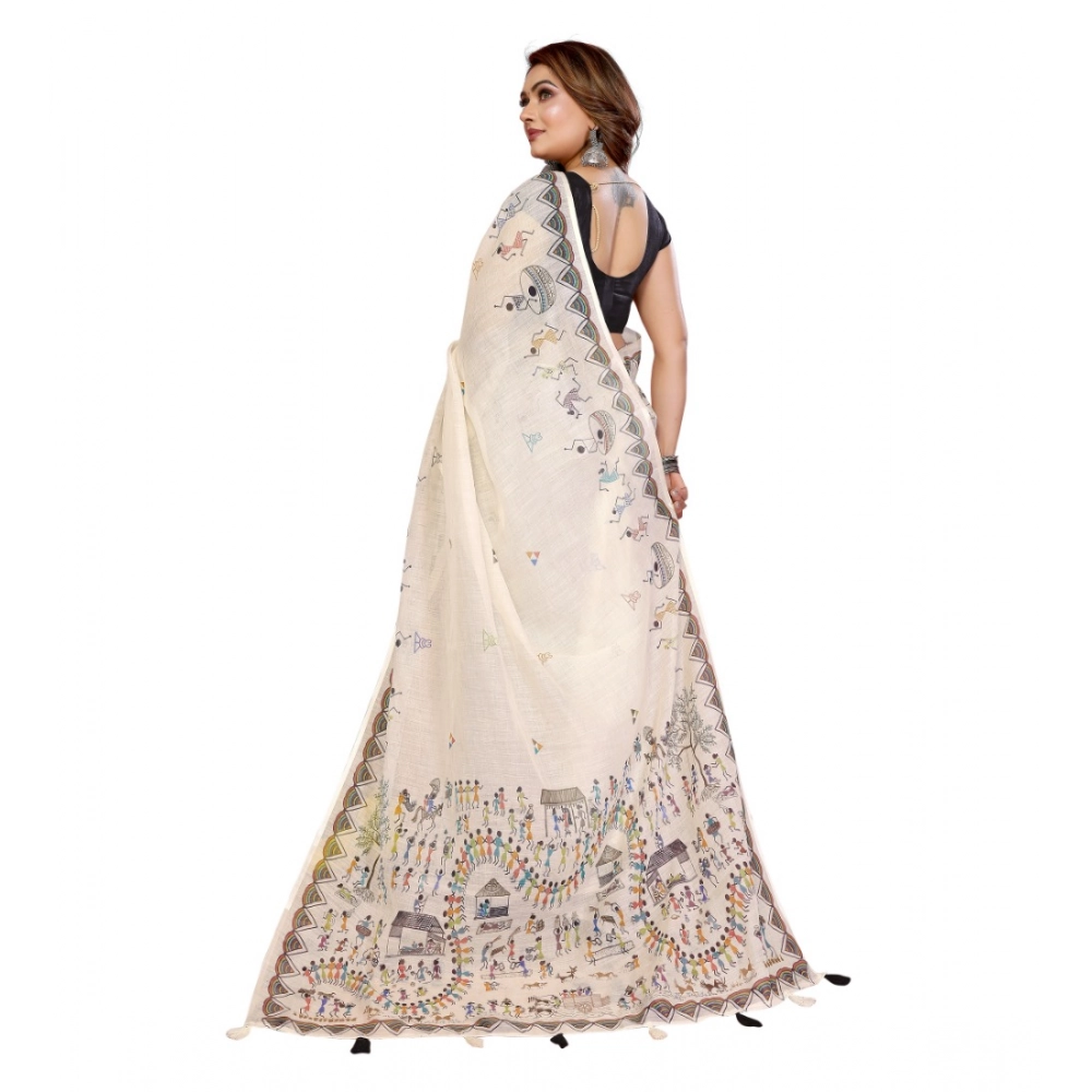 Women's Linen Cotton Printed Saree With Unstitched Blouse 5.5Mtr (Off White) - Image 3