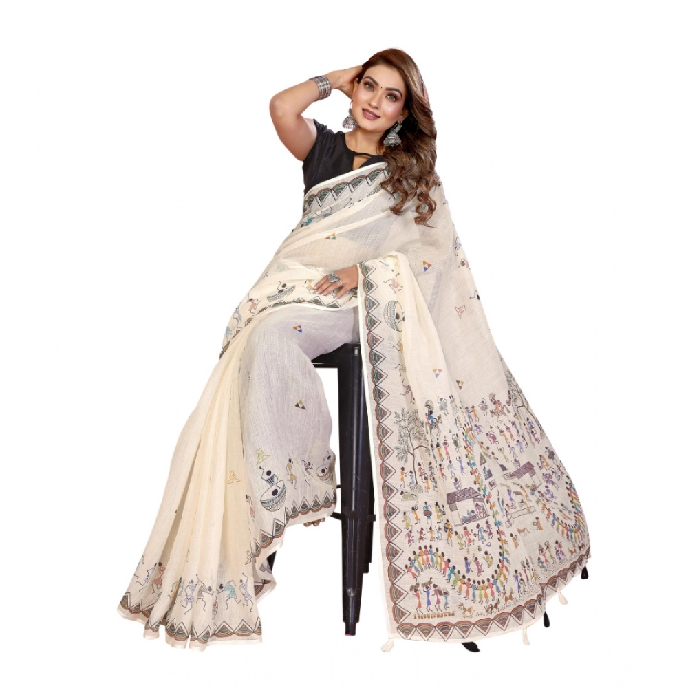 Women's Linen Cotton Printed Saree With Unstitched Blouse 5.5Mtr (Off White) - Image 4