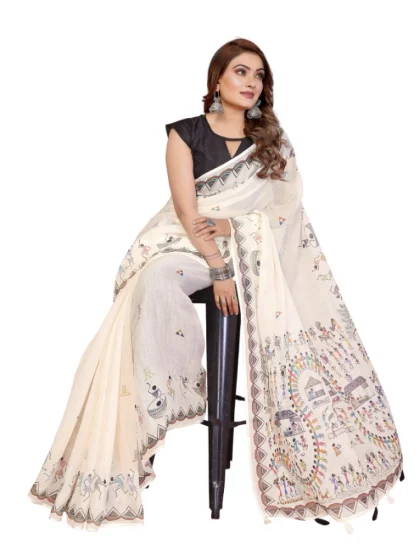 Women's Linen Cotton Printed Saree With Unstitched Blouse 5.5Mtr (Off White)