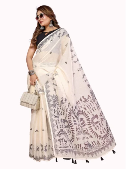 Women's Linen Cotton Printed Saree With Unstitched Blouse 5.5Mtr (Off White)