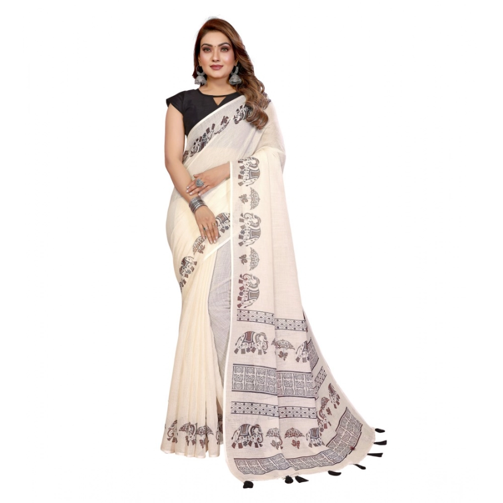 Women's Linen Cotton Printed Saree With Unstitched Blouse 5.5Mtr (Off White) - Image 2