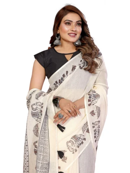 Women's Linen Cotton Printed Saree With Unstitched Blouse 5.5Mtr (Off White)