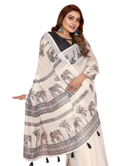 Women's Linen Cotton Printed Saree With Unstitched Blouse 5.5Mtr (Off White)