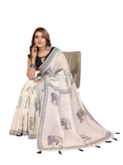 Women's Linen Cotton Printed Saree With Unstitched Blouse 5.5Mtr (Off White)