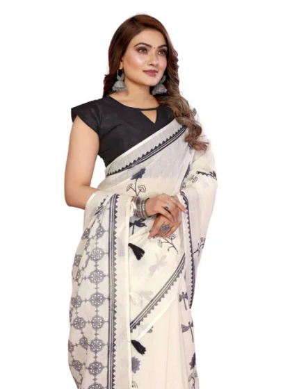 Women's Linen Cotton Printed Saree With Unstitched Blouse 5.5Mtr (Off White)