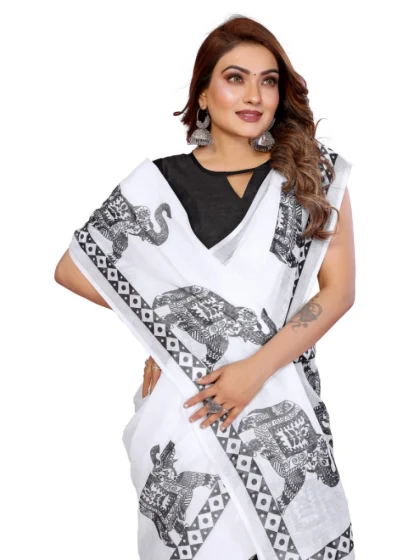 Women's Linen Cotton Printed Saree With Unstitched Blouse 5.5Mtr (White)
