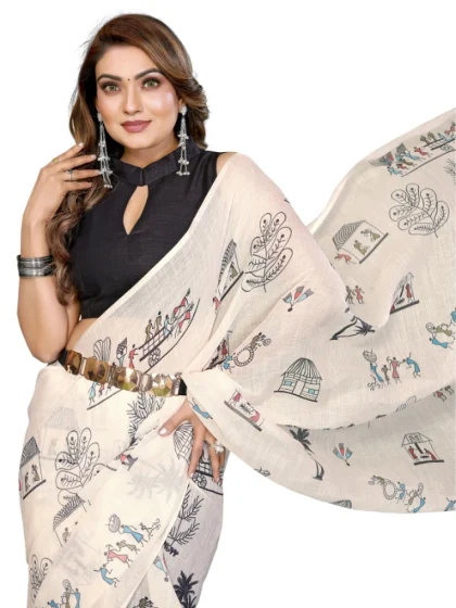 Women's Linen Cotton Printed Saree With Unstitched Blouse 5.5Mtr (Off White)