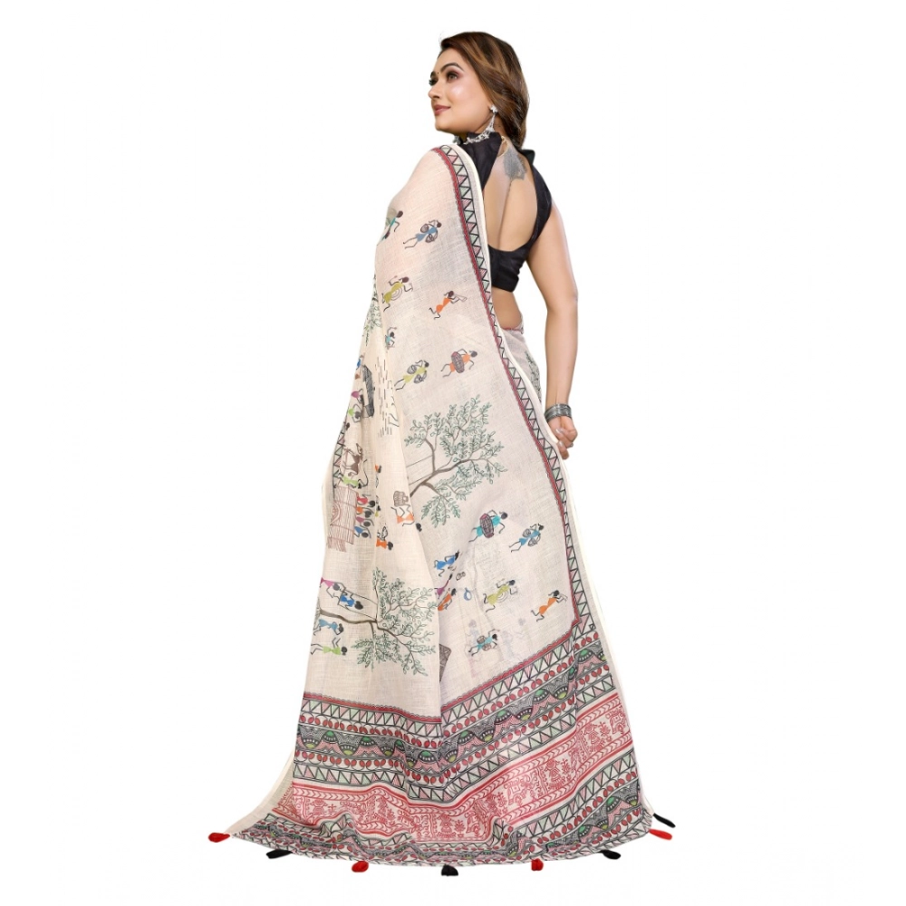 Women's Linen Cotton Printed Saree With Unstitched Blouse 5.5Mtr (Off White) - Image 3