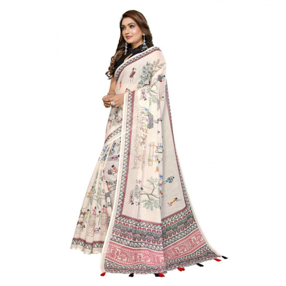 Women's Linen Cotton Printed Saree With Unstitched Blouse 5.5Mtr (Off White) - Image 4