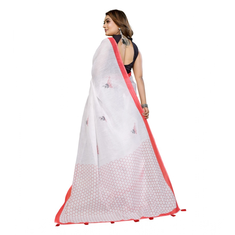 Women's Linen Cotton Printed Saree With Unstitched Blouse 5.5Mtr (White) - Image 3
