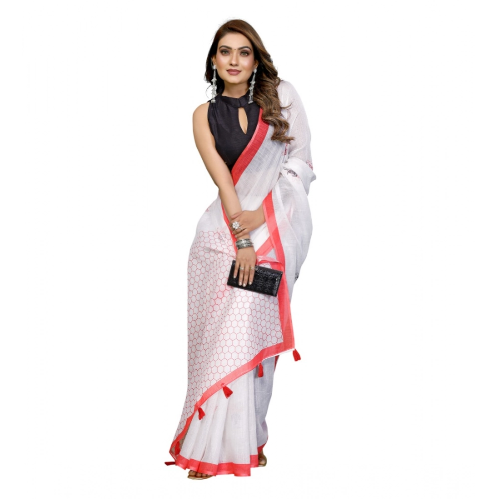 Women's Linen Cotton Printed Saree With Unstitched Blouse 5.5Mtr (White) - Image 4