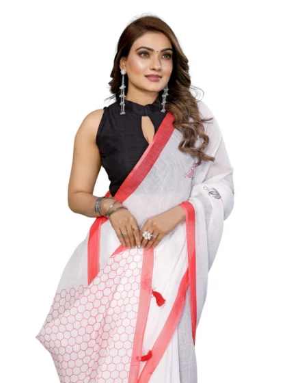 Women's Linen Cotton Printed Saree With Unstitched Blouse 5.5Mtr (White)