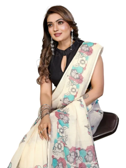 Women's Linen Cotton Printed Saree With Unstitched Blouse 5.5Mtr (Off White)