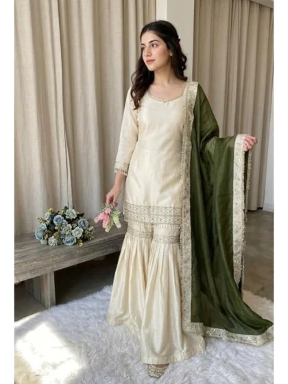 Women's Silk Embroidered 3/4th Sleeve V-Neck Kurti With Sharara Pant and Dupatta Set (Cream & Green)