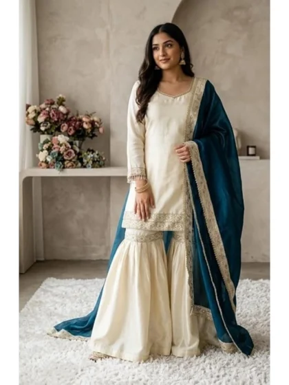 Women's Silk Embroidered 3/4th Sleeve V-Neck Kurti With Sharara Pant and Dupatta Set (Cream & Teal)