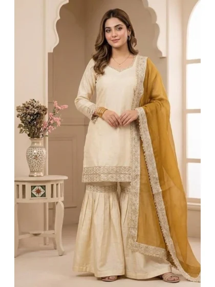 Women's Silk Embroidered 3/4th Sleeve V-Neck Kurti With Sharara Pant and Dupatta Set (Cream & Yellow)