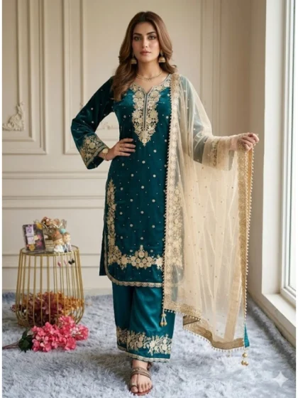 Women's Silk Embroidered 3/4th Sleeve Round Kurti With Palazzo Pant and Dupatta Set (Teal)