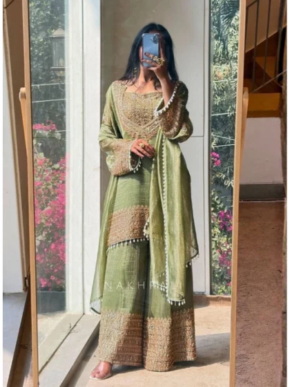 Women's Silk Embroidered 3/4th Sleeve Round Kurti With Sharara Pant and Dupatta Set (Green)