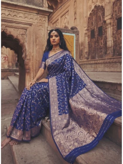 Women's Art Silk Printed Saree With Unstitched Blouse 5.5Mtr (Navy Blue)