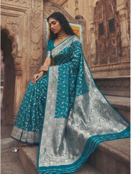 Women's Art Silk Printed Saree With Unstitched Blouse 5.5Mtr (Teal)
