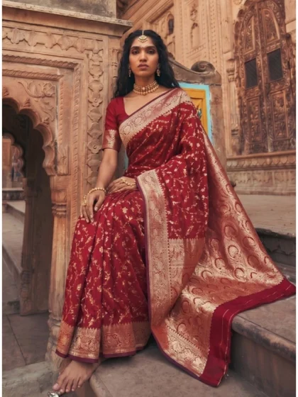 Women's Art Silk Printed Saree With Unstitched Blouse 5.5Mtr (Red)