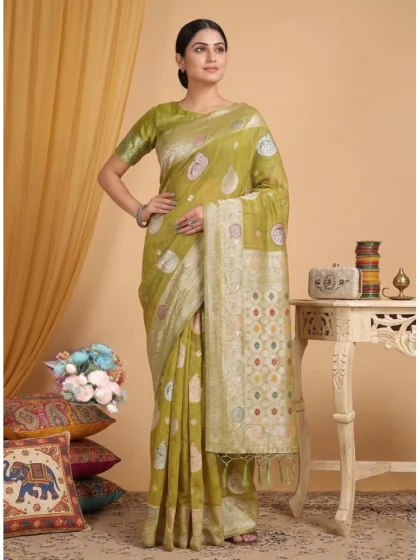 Women's Linen Cotton Printed Saree With Unstitched Blouse 5.5Mtr (Mustard)