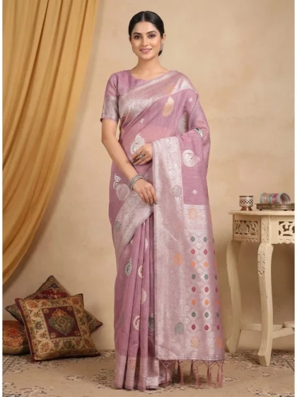 Women's Linen Cotton Printed Saree With Unstitched Blouse 5.5Mtr (Purple)