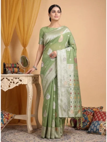 Women's Linen Cotton Printed Saree With Unstitched Blouse 5.5Mtr (Light Green)