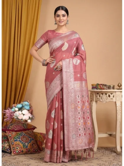 Women's Linen Cotton Printed Saree With Unstitched Blouse 5.5Mtr (Pink)