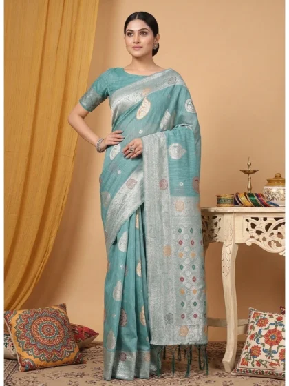 Women's Linen Cotton Printed Saree With Unstitched Blouse 5.5Mtr (Sea Green)
