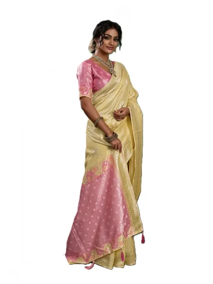 Women's Linen Cotton Printed Saree With Unstitched Blouse 5.5Mtr (Yellow )