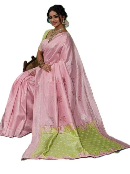 Women's Linen Cotton Printed Saree With Unstitched Blouse 5.5Mtr (Pink)