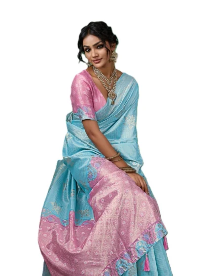 Women's Linen Cotton Printed Saree With Unstitched Blouse 5.5Mtr (Sky Blue)