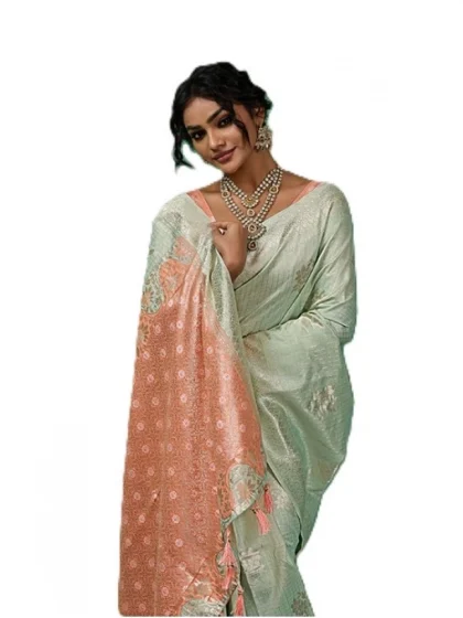 Women's Linen Cotton Printed Saree With Unstitched Blouse 5.5Mtr (Pista Green)