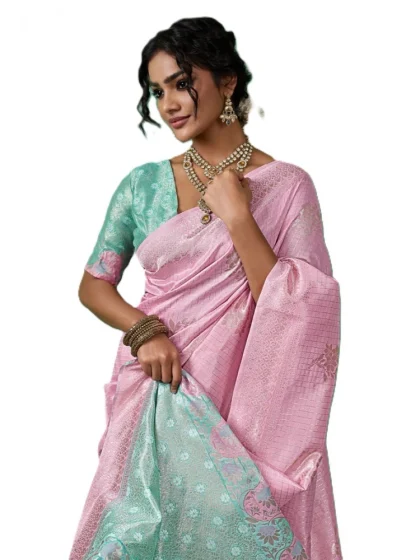 Women's Linen Cotton Printed Saree With Unstitched Blouse 5.5Mtr (Pastel Pink)