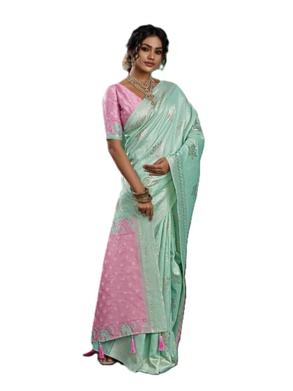Women's Linen Cotton Printed Saree With Unstitched Blouse 5.5Mtr (Sea Green)