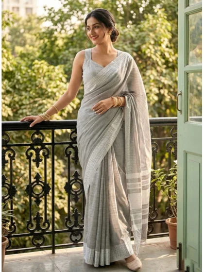 Women's Linen Striped Saree With Unstitched Blouse 5.5Mtr (Gray)