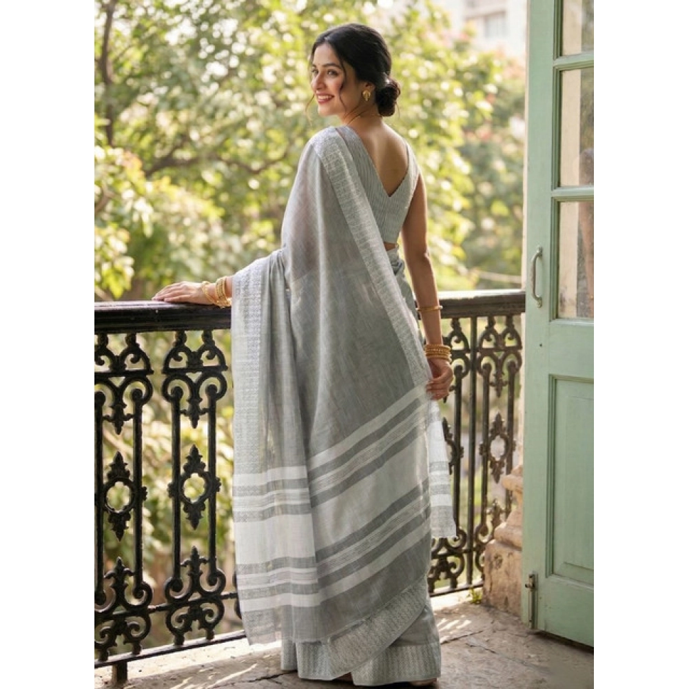 Women's Linen Striped Saree With Unstitched Blouse 5.5Mtr (Gray) - Image 3